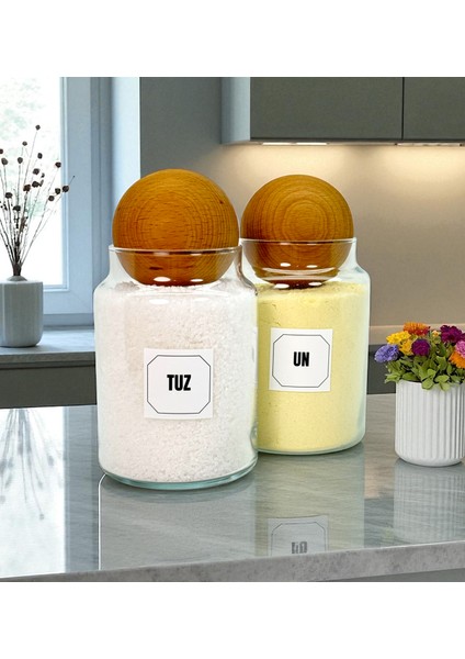2'li Ahşap Top Kapaklı Cam Un Tuz Saklama Kavanozu Seti 800 ml Etiket Hediyeli