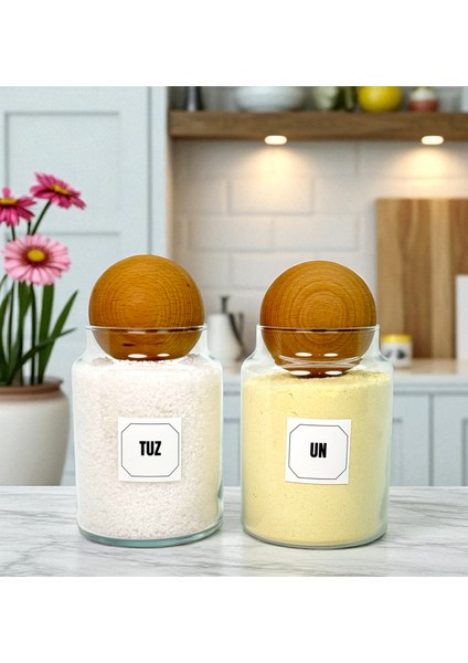 2'li Ahşap Top Kapaklı Cam Un Tuz Saklama Kavanozu Seti 800 ml Etiket Hediyeli modelleri
