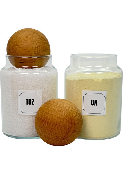 2'li Ahşap Top Kapaklı Cam Un Tuz Saklama Kavanozu Seti 800 ml Etiket Hediyeli
