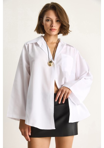 Kadın Geniş Kollu Tek Cep Detaylı Oversize Basic Poplin Gömlek