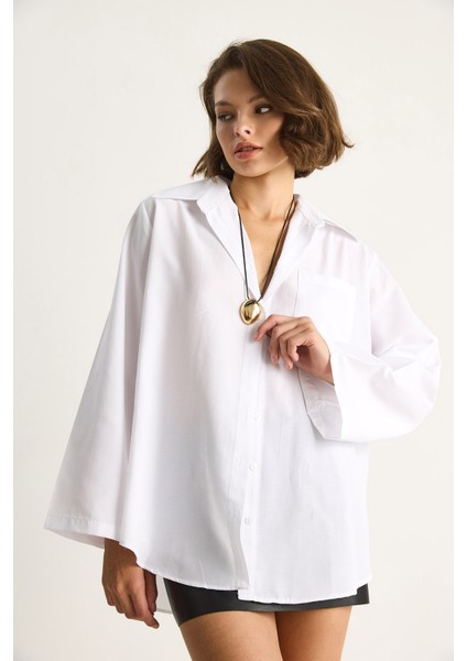 Kadın Geniş Kollu Tek Cep Detaylı Oversize Basic Poplin Gömlek fiyatları