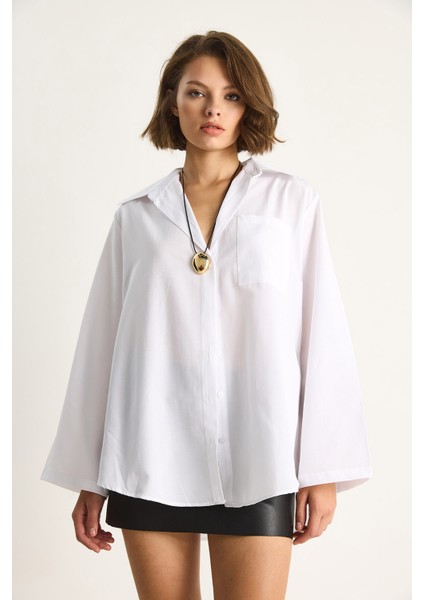 Kadın Geniş Kollu Tek Cep Detaylı Oversize Basic Poplin Gömlek fırsatları