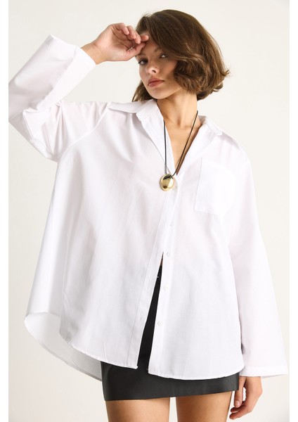 Kadın Geniş Kollu Tek Cep Detaylı Oversize Basic Poplin Gömlek indirimleri