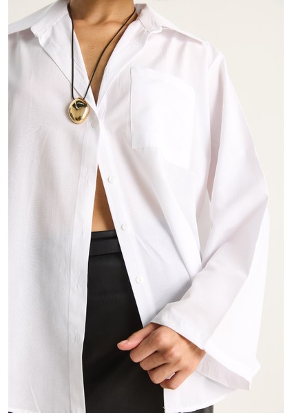 Kadın Geniş Kollu Tek Cep Detaylı Oversize Basic Poplin Gömlek