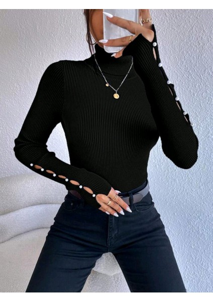 Kolu Inci Işlemeli Kolye Detaylı Balıkçı Yaka Triko Kazak