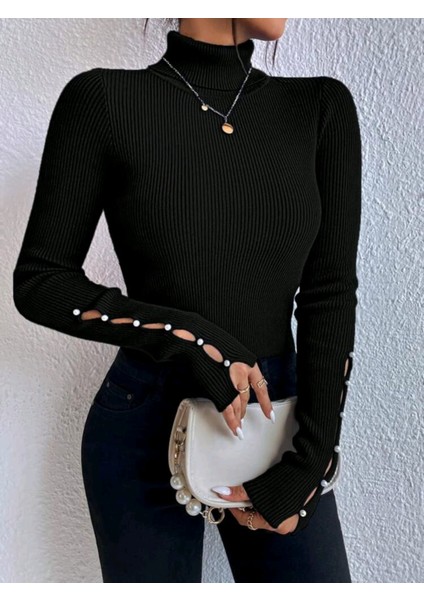 Kolu Inci Işlemeli Kolye Detaylı Balıkçı Yaka Triko Kazak modelleri