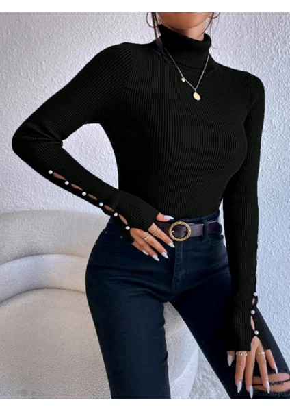 Kolu Inci Işlemeli Kolye Detaylı Balıkçı Yaka Triko Kazak indirimleri