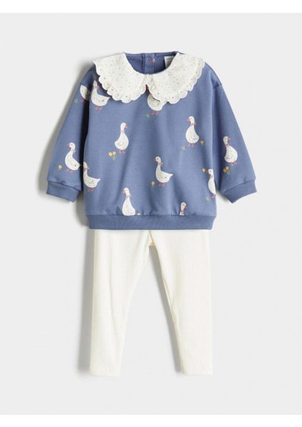 Lcw Baby Indigo Bebe Yaka Kız Bebek Sweatshirt ve Tayt 2'li