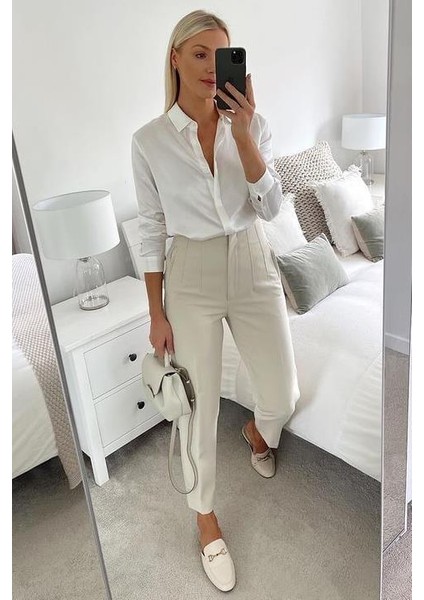 Krem Önü Biyeli Yüksek Bel Kadın Pantolon MG2425