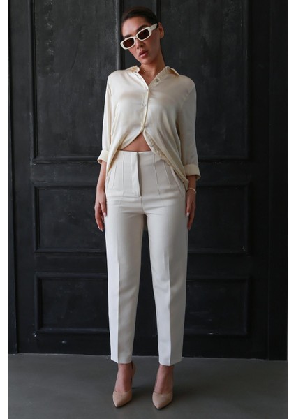 Krem Önü Biyeli Yüksek Bel Kadın Pantolon MG2425 modelleri