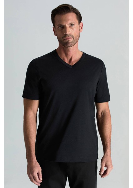 Supima Pamuk V Yaka Tencel Siyah T-Shirt