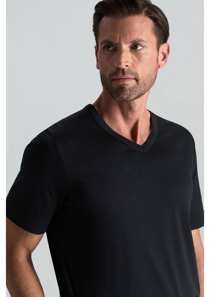 Supima Pamuk V Yaka Tencel Siyah T-Shirt modelleri