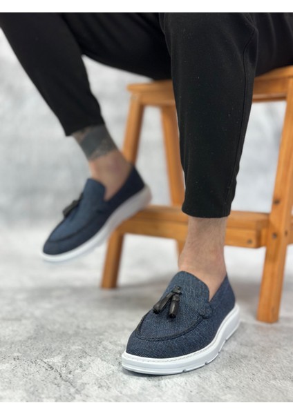 ET0005 Bağcıksız Yüksek Taban Klasik Keten Lacivert Püsküllü Erkek Ayakkabı