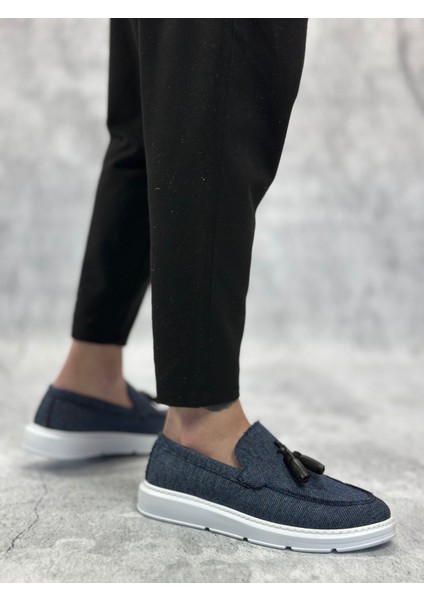 ET0005 Bağcıksız Yüksek Taban Klasik Keten Lacivert Püsküllü Erkek Ayakkabı modelleri
