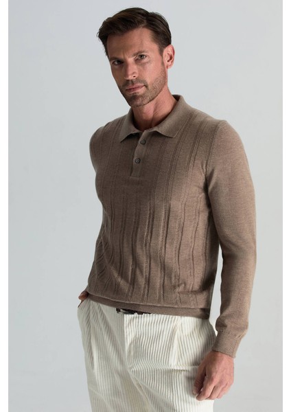 Saf Kaşmir Polo Yaka Şerit Desenli Tütün Rengi Triko