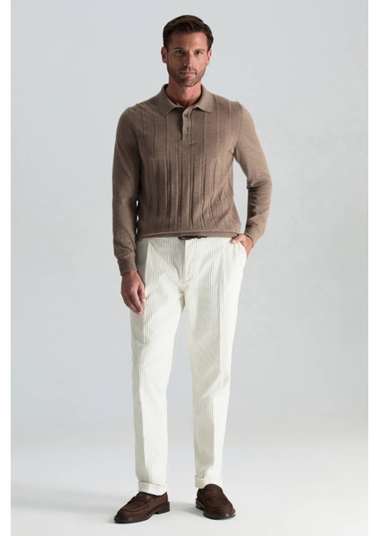 Saf Kaşmir Polo Yaka Şerit Desenli Tütün Rengi Triko fiyatları