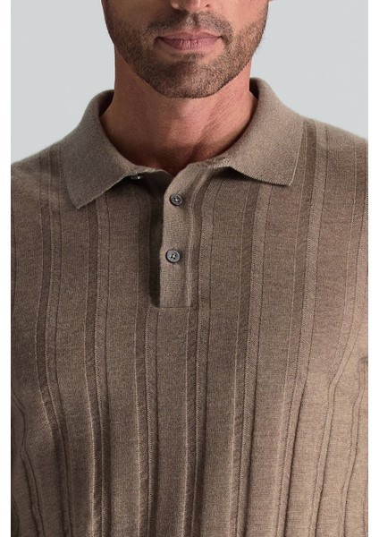 Saf Kaşmir Polo Yaka Şerit Desenli Tütün Rengi Triko fırsatları