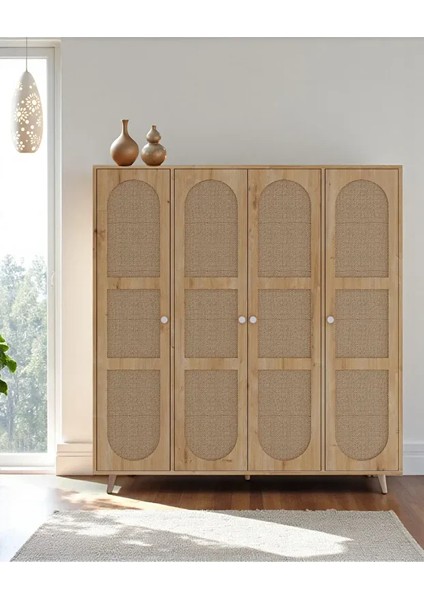 Bali Bohem - 4 Kapaklı Gardırop | Jüt Mdf Kapaklı Elbise Dolabı | 160CM -Meşe