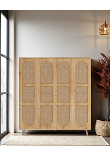 Bali Bohem - 4 Kapaklı Gardırop | Jüt Mdf Kapaklı Elbise Dolabı | 160CM -Meşe fiyatları
