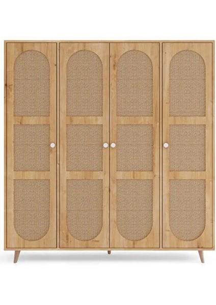 Bali Bohem - 4 Kapaklı Gardırop | Jüt Mdf Kapaklı Elbise Dolabı | 160CM -Meşe modelleri