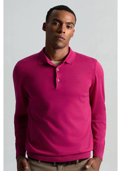 Merino Yünü Polo Yaka Fuşya Triko