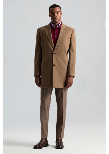 Italyan Saf Yün Tütün Rengi Palto
