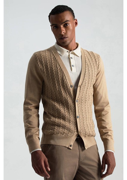 Merino Yün Ipek Karışım Örgü Desenli Camel Düğmeli Hırka