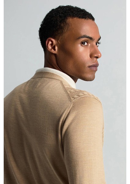 Merino Yün Ipek Karışım Örgü Desenli Camel Düğmeli Hırka fiyatları