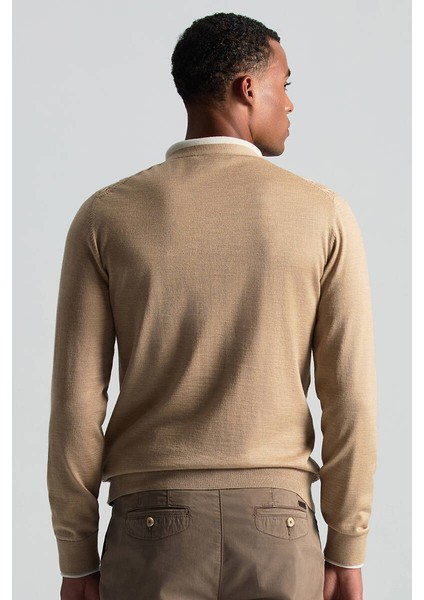 Merino Yün Ipek Karışım Örgü Desenli Camel Düğmeli Hırka modelleri