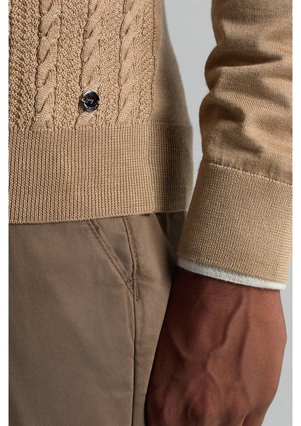 Merino Yün Ipek Karışım Örgü Desenli Camel Düğmeli Hırka fırsatları