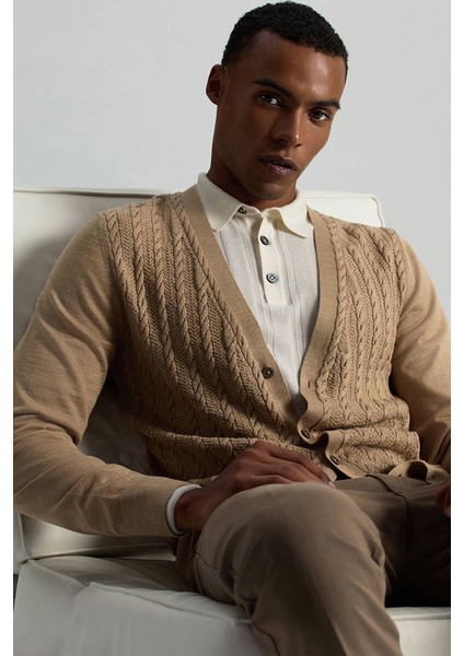 Merino Yün Ipek Karışım Örgü Desenli Camel Düğmeli Hırka indirimleri