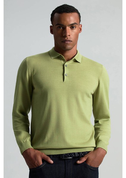 Merino Yünü Polo Yaka Yeşil Triko