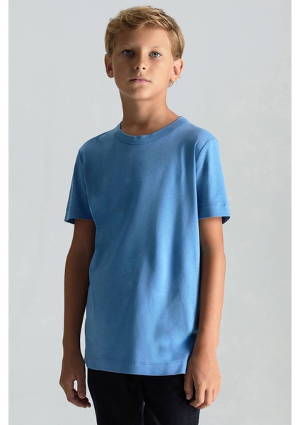 Supima Pamuk Bisiklet Yaka Tencel Mavi Çocuk T-Shirt