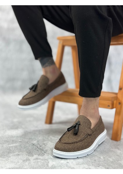 ET0005 Bağcıksız Yüksek Taban Klasik Keten Kahverengi Püsküllü Erkek Ayakkabı