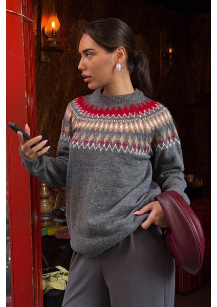 Antrasit Bisiklet Yaka Desenli Kadın Triko Kazak MG2502