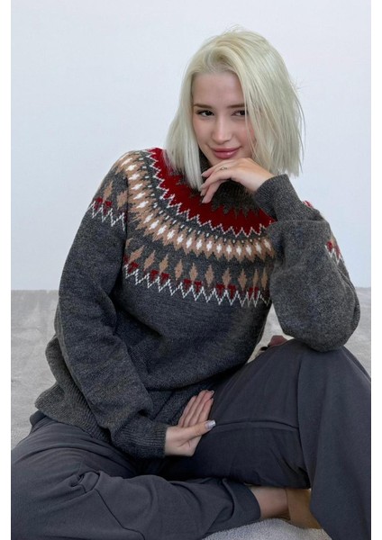 Antrasit Bisiklet Yaka Desenli Kadın Triko Kazak MG2502 fiyatları