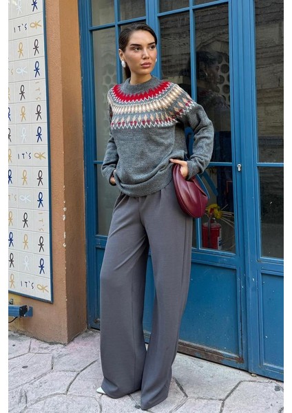 Antrasit Bisiklet Yaka Desenli Kadın Triko Kazak MG2502 modelleri