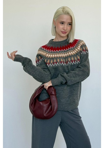 Antrasit Bisiklet Yaka Desenli Kadın Triko Kazak MG2502 indirimleri