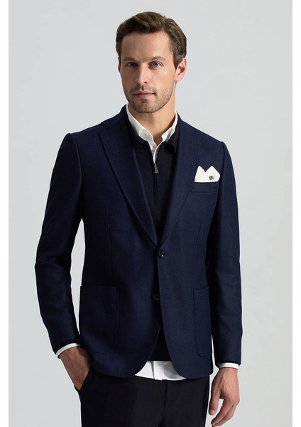 Italyan Yün Kaşmir Karışım Lacivert Blazer Ceket