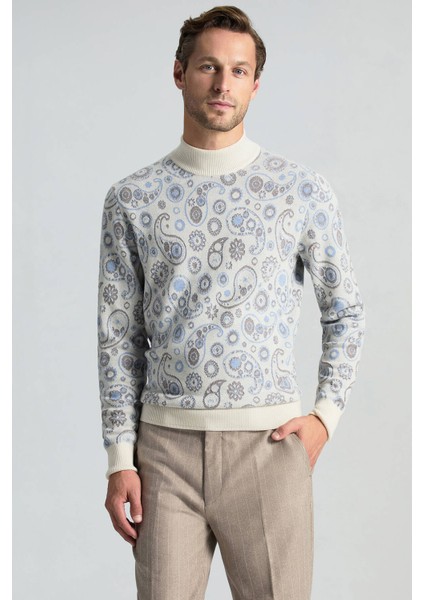 Saf Kaşmir Paisley Desen Yarım Balıkçı Yaka Ekru Kazak