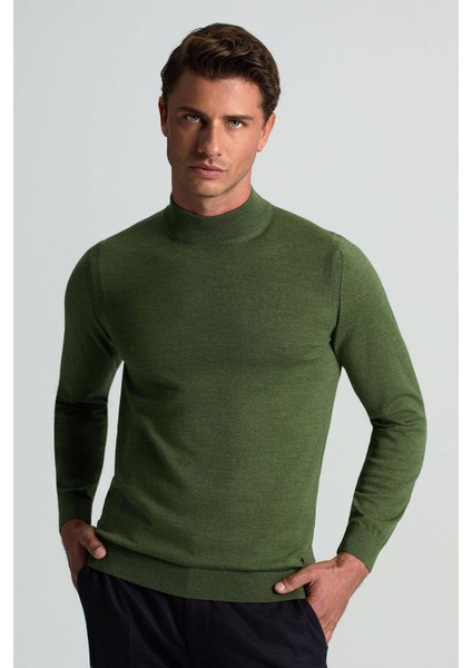 Merino Yünü Yarım Balıkçı Yaka Yeşil Triko