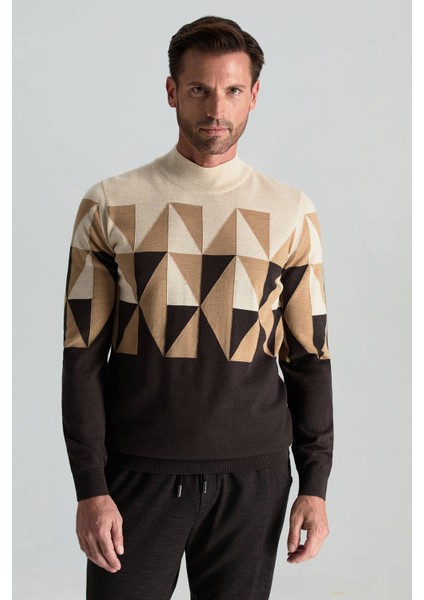 Merino Yün Yarım Balıkçı Yaka Desenli Kahverengi Triko