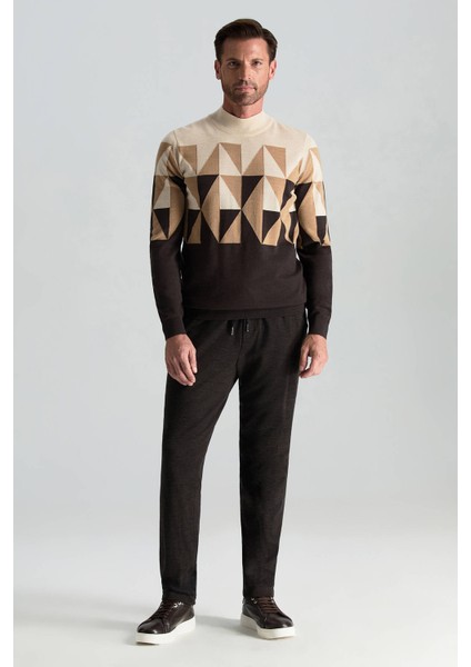 Merino Yün Yarım Balıkçı Yaka Desenli Kahverengi Triko fiyatları