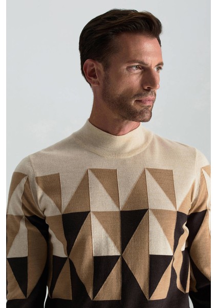 Merino Yün Yarım Balıkçı Yaka Desenli Kahverengi Triko modelleri