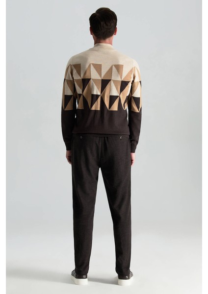 Merino Yün Yarım Balıkçı Yaka Desenli Kahverengi Triko fırsatları