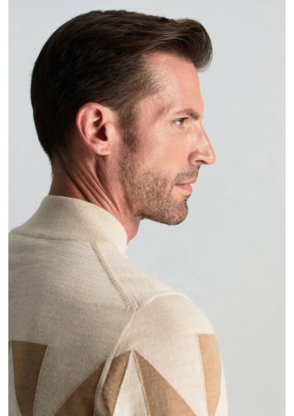 Merino Yün Yarım Balıkçı Yaka Desenli Kahverengi Triko indirimleri