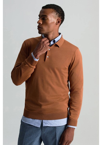 Merino Yünü Polo Yaka Konyak Rengi Triko