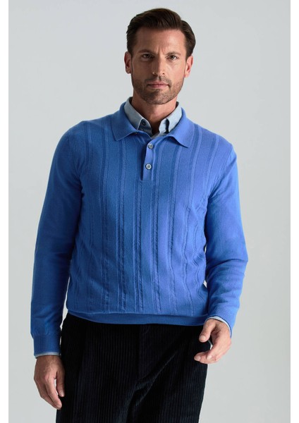 Saf Kaşmir Polo Yaka Şerit Desenli Mavi Triko