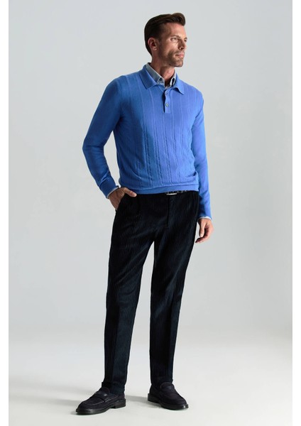 Saf Kaşmir Polo Yaka Şerit Desenli Mavi Triko fiyatları