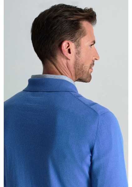 Saf Kaşmir Polo Yaka Şerit Desenli Mavi Triko fırsatları